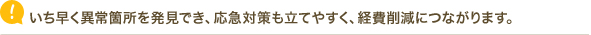 いち早く異常箇所を発見でき、応急対策も立てやすく、経費削減につながります。